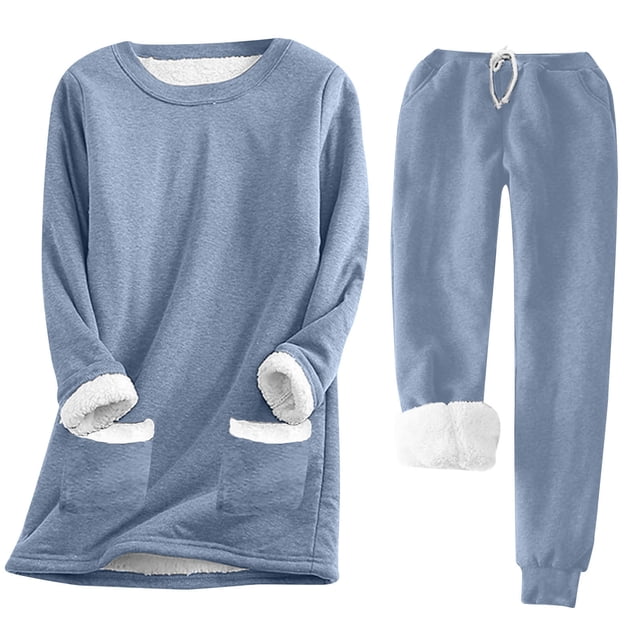 TaTaai Women's Winter Casual Warm Set Solid Round Neck Long Sleeve Pocket Top + Thick Fleece Pants Soft Cozy Home Outdoor Outfits Gift