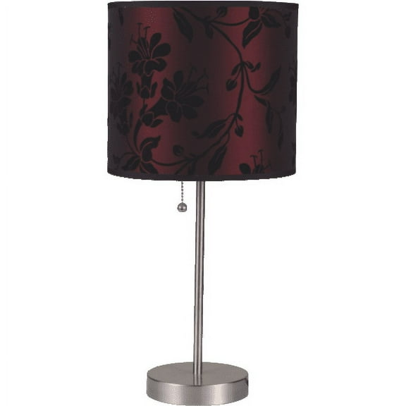 NEW Brushed Steel Base Dark Red Floral Fabric Shade, Pull Chain Switch, 19" Table Lamp 8312