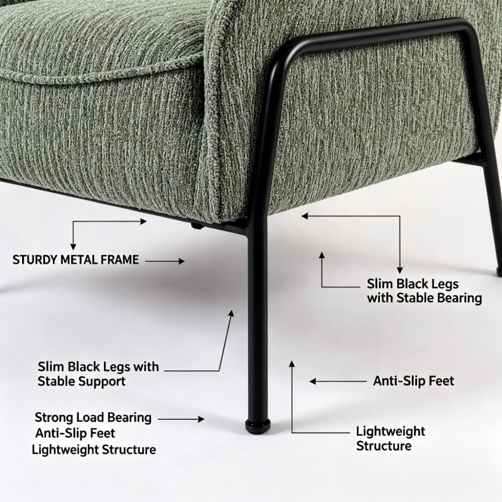 Modern Striped Accent Chair, Upholstered Armchair with Black Metal Frame, Padded Lounge & Reading Chair with Lumbar Pillow for Living Room, Bedroom & Office, Green