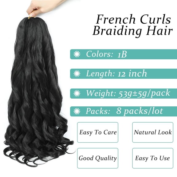 FGERFE-French Curl Braiding Hair, 12 Inch Curly Braiding Hair 8 Packs Bouncy French Curl Crochet Braids for Black Women Pre Stretched Loose Wavy Extensions (1B, 12Inch)