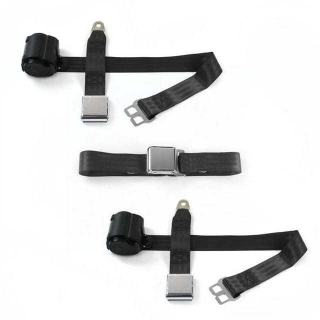 Early Cars 1941-1948 Airplane 2 Point Black Retractable Bench Seat Belt Kit - 3 Belts