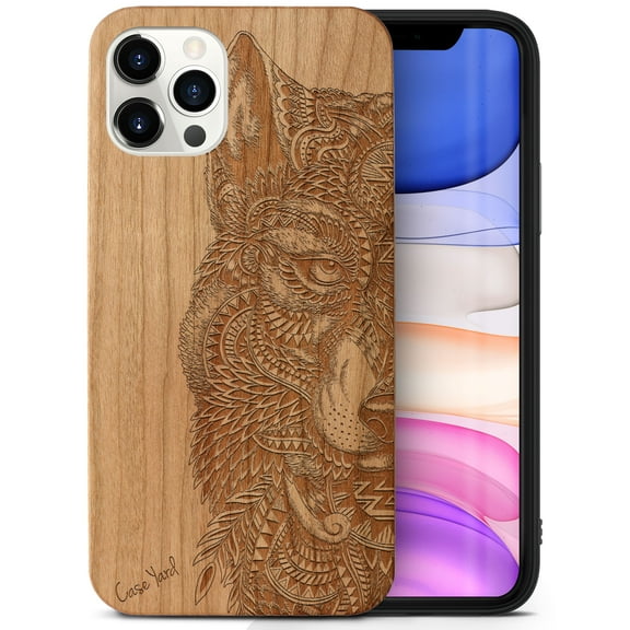 Case Yard Wooden Case Outside Soft TPU Silicone, Slim Fit Shockproof Wood Protective Phone Cover for Girls Boys Men and Women, Supports Wireless Charging Wolf Face Half Design case for iPhone-11-Pro