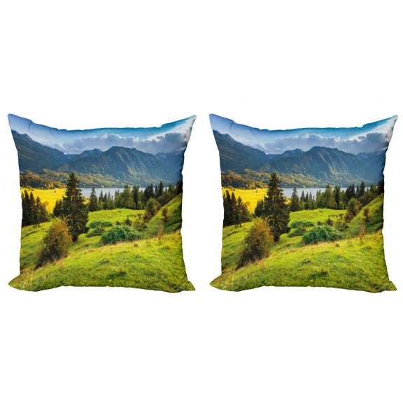 Ambesonne Landscape Throw Pillow Cover 2 Pack, Summer Morning Lake, 24", Green Blue Yellow