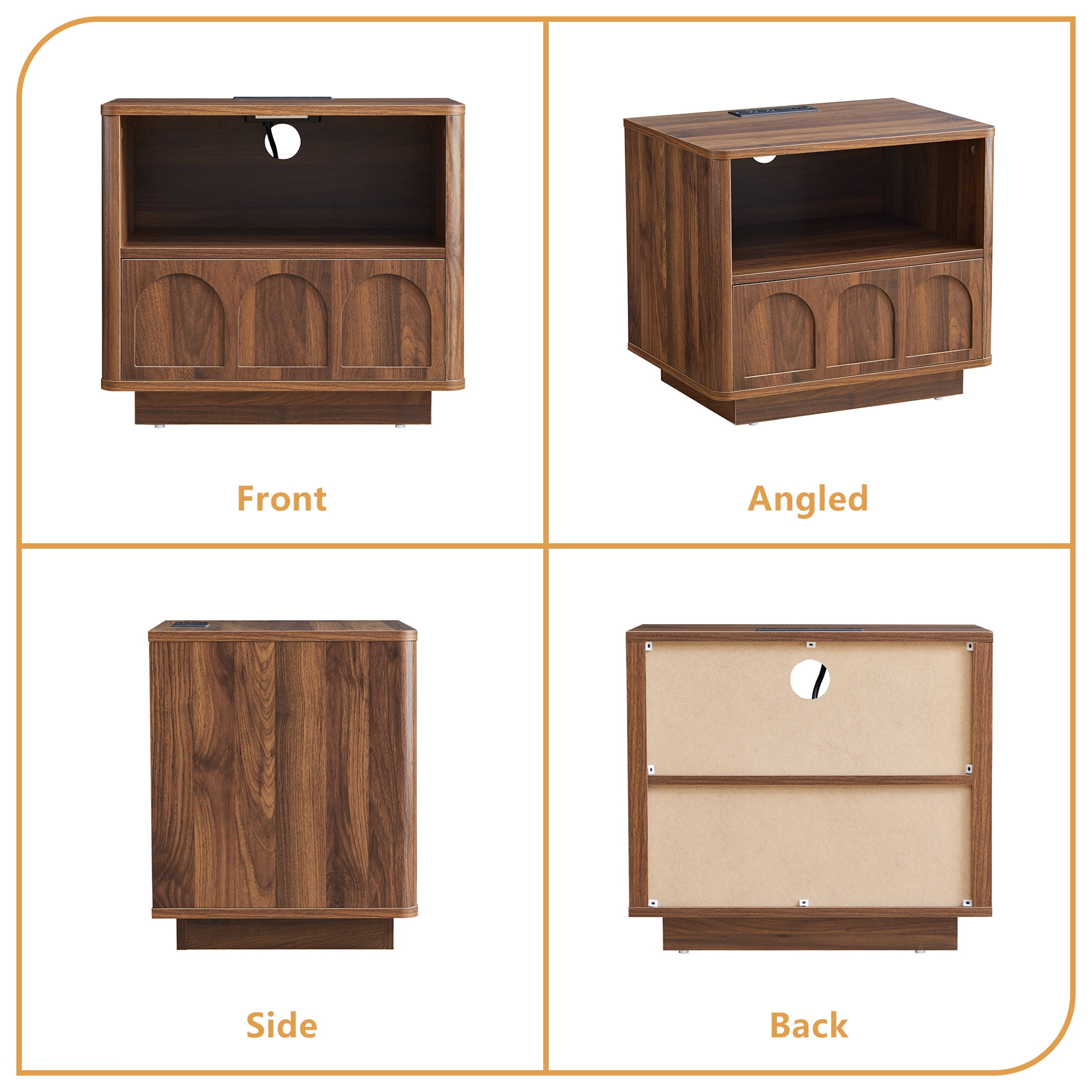 Wirrytor Set of 2 Modern Nightstands with Charging Station, Fluted Bedside Tables with Storage Drawers and Open Shelf for Bedroom and Living Room, Brown