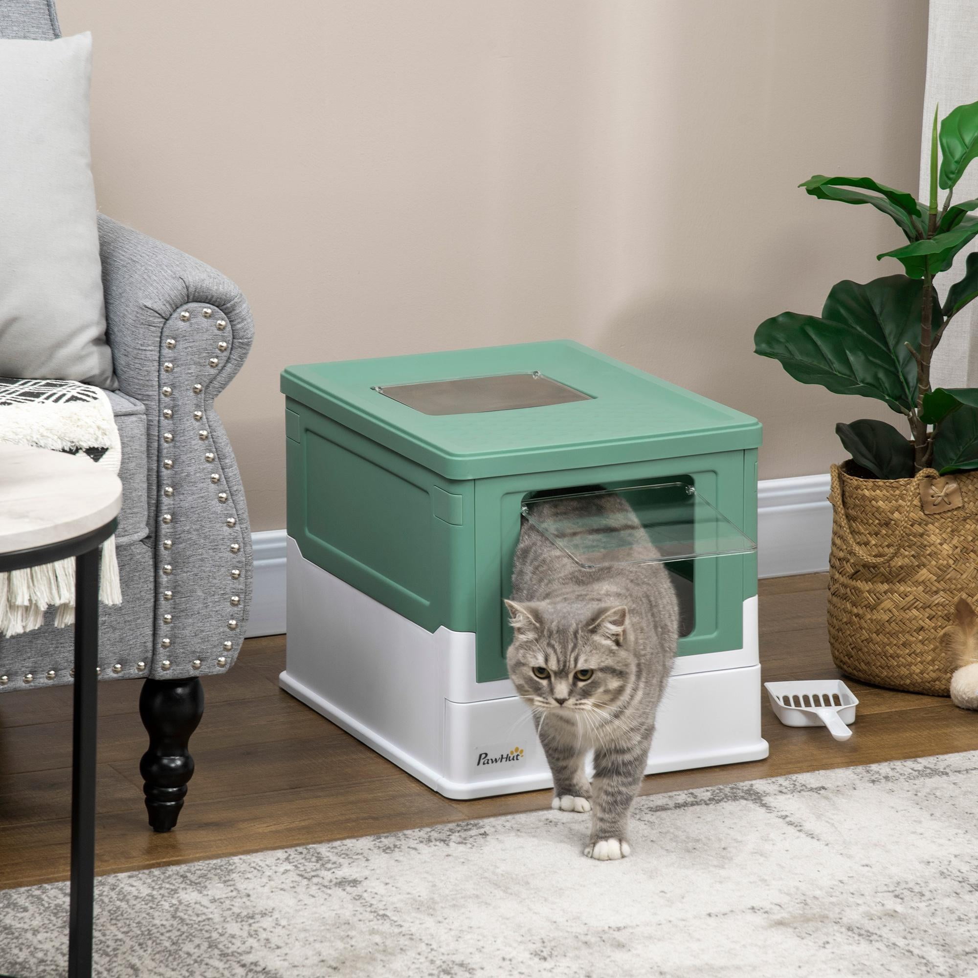 Glavbiku Foldable PP Enclosed Cat Litter Box with Scoop,Portable Cat Litter House with Tray,Green