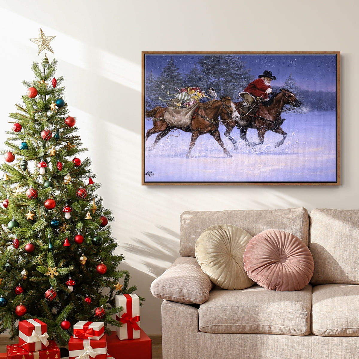 Christmas Rush - Framed Gallery Wrapped Holiday Canvas - 17 x 25 - Rosewood Frame