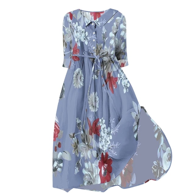 Pisexur Robes d'Invité de Mariage pour Femmes 2024 Mode Boho Imprimé Floral Robe Maxi Décontractée Fluide Manches Courtes Col en V Robe de Retour à la Maison Tunique à Boutons Robe de Cocktail à Cordon Grande Taille P-4TG