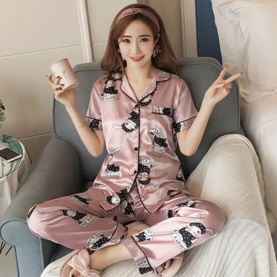 

DanceeMangoo Long Sleeve Silk Pajamas Spring Autumn Women Pajama Sets Print Cute Sleepwear Pyjamas 3XL 4XL 5XL 85kg Nightwear