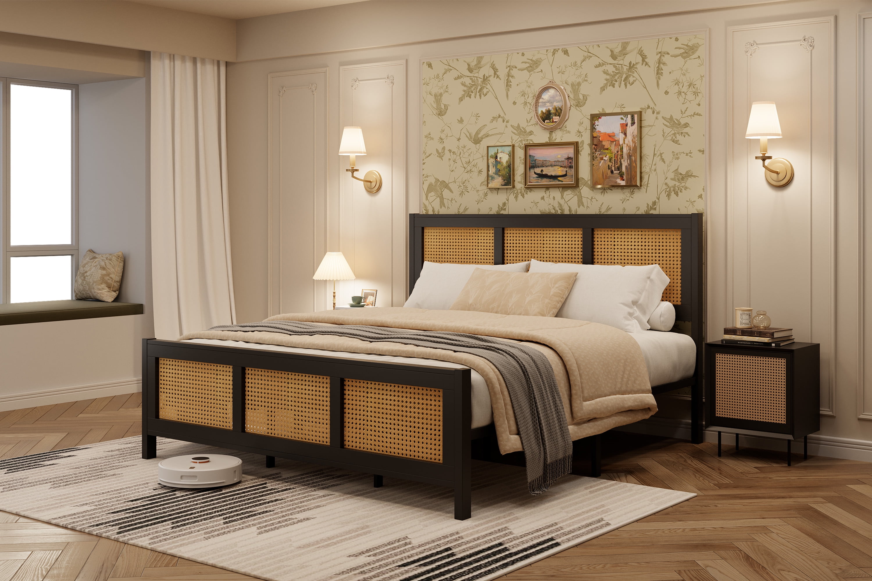 Full/Queen/King Size Bed Frame with Headboard, Bo-hemian Rattan Platform Bed Frame with Strong Metal Slats Support, No Box Spring Needed, Noise-Free Design