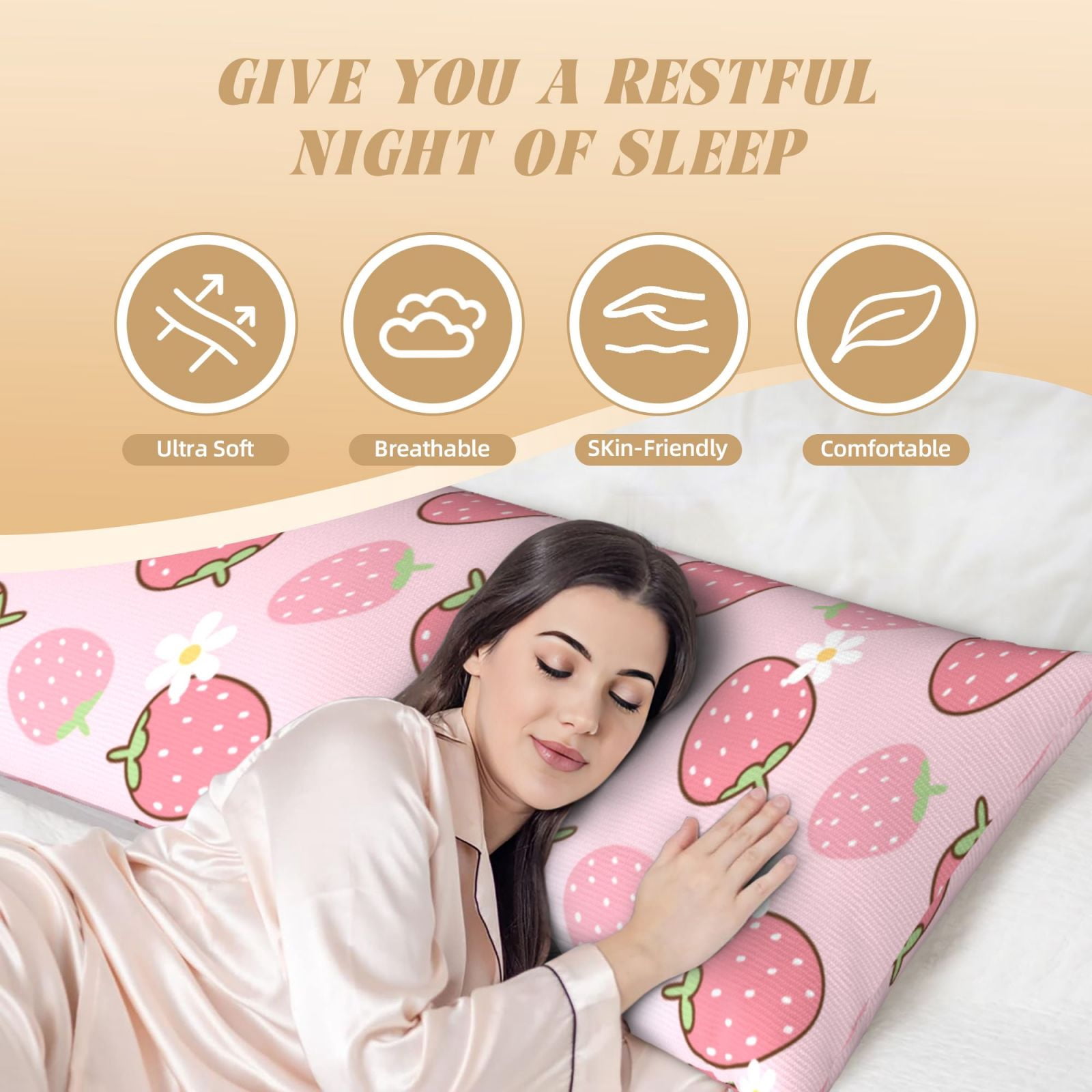 Naloa Strawberries Super Soft 20x60 Body Pillow Case,Long Side Hidden Zipper（PILLOWS ARE NOT INCLUDED）