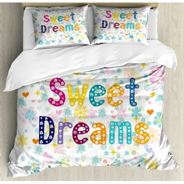Sweet Dreams Queen Size Duvet Cover Set, Colorful Letters with Little Flowers on a Blossoming Background Slumber Party, Decorative 3 Piece Bedding Set with 2 Pillow Shams, Multicolor, by Ambesonne