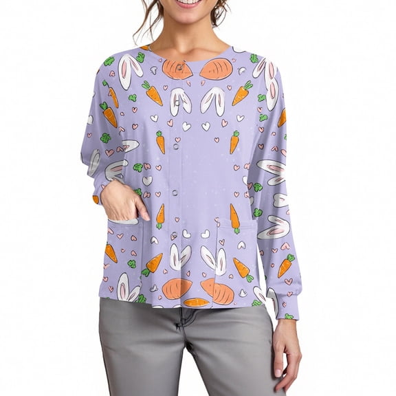 Easter Trendy Scrub Jackets for Women Long Sleeve Snap Front Bunny Printed Jacket Scrubs Jacket Workwear Uniforms with Pockets