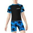 thumbnail image 3 of YONGHS Kids Boys Rash Guard 3-Piece Tankini Set Short Sleeve Swim Shirt with Trunks Hat Swimsuit 2pcs Blue 10-12, 3 of 5