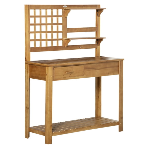 Potting Table Garden Workstation, Outdoor Wooden Workbench with Shelves & Drawer, Patio Plant Stand for Courtyard, Balcony - Brown