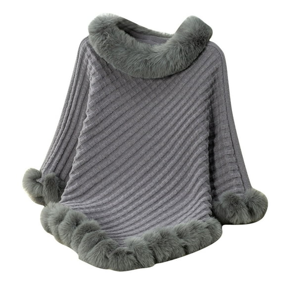 Rohuuque Women's Winter Poncho Cape Thermal Fleece Lined Trendy Coverup Solid Tone Knit Poncho Irregular Wrap Outerwear Gray