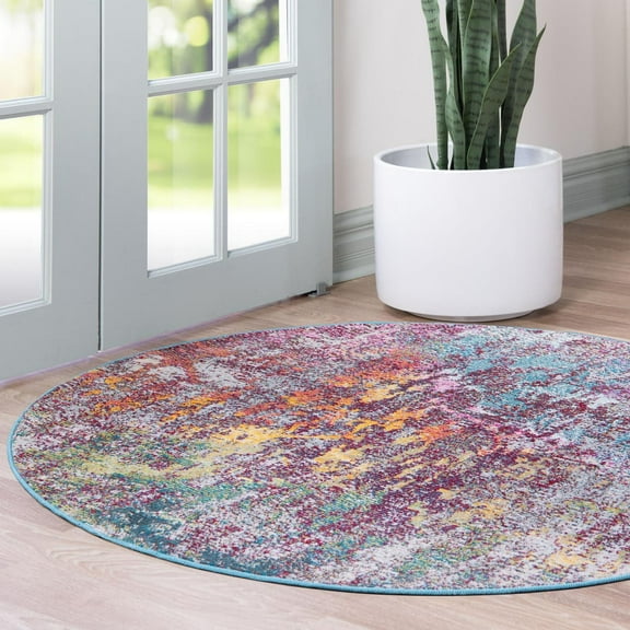 Rugs.Com Starlight Collection Transitional Abstract Round Rug ‚Äì Multicolor 4' X 4' Rug Perfect For Dining Rooms, Breakfast Nooks, Kitchens And More