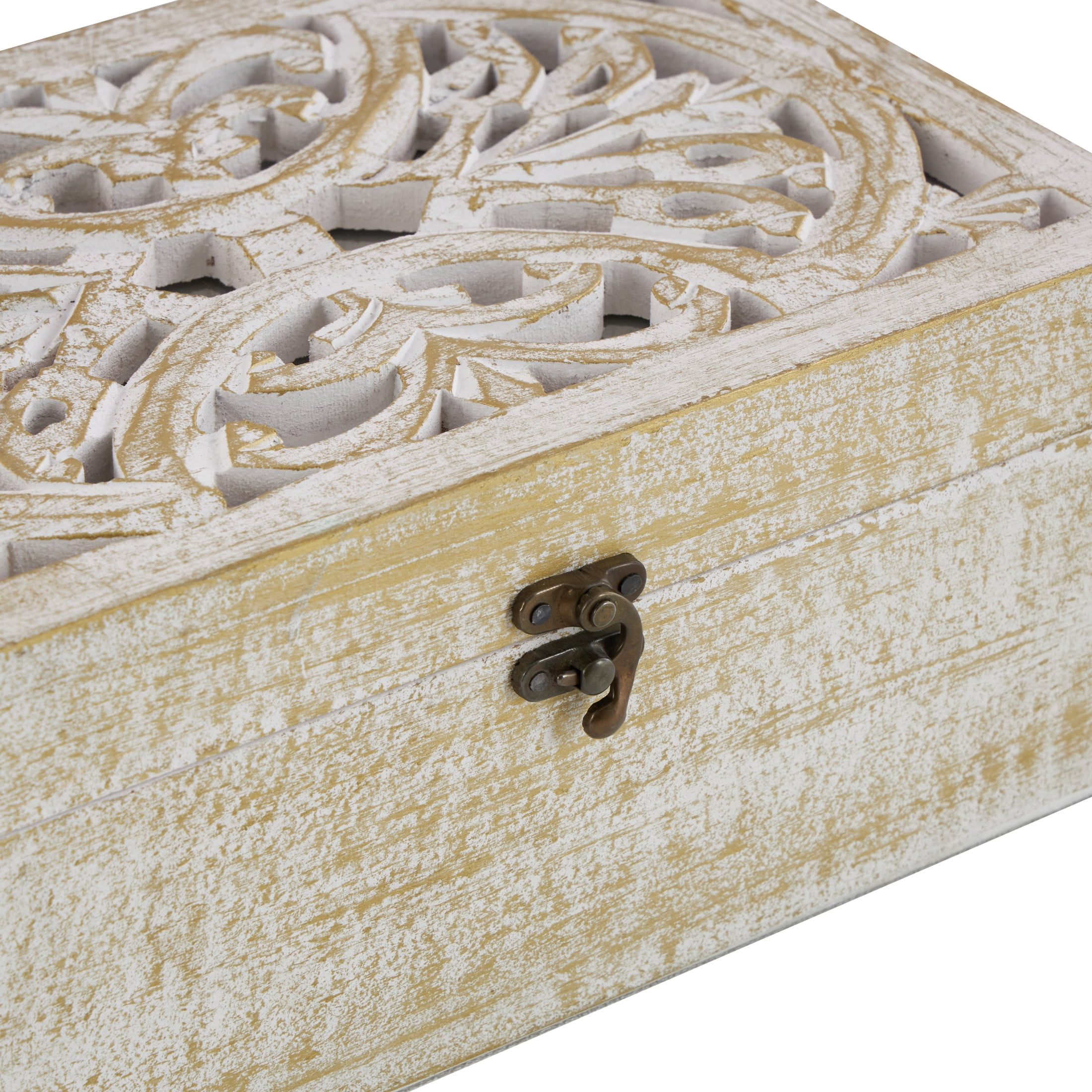 DecMode Floral Handmade White Mango Wood Decorative Box with Hinged Lid, 3 Count