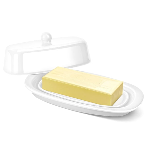 Flexzion Ceramic White European Butter Dish with Lid for Countertop (7 Inch) - 1 Stick Butter Holder for Counter, Cream Cheese Container Storage Keeper