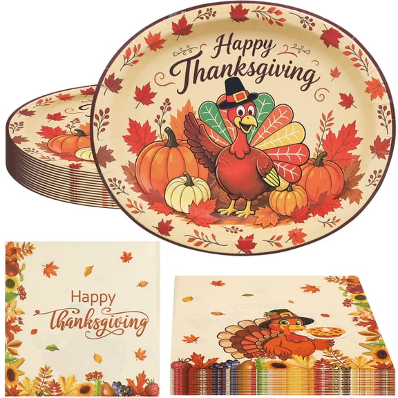 Thanksgiving Disposable Paper Plates and Napkins Set for 25 Guests, 50 Pcs Heavy Duty Oval Turkey Dinner Plates with Decorative Napkins, Fall Harvest Friendsgiving Thanksgiving Party Supplies