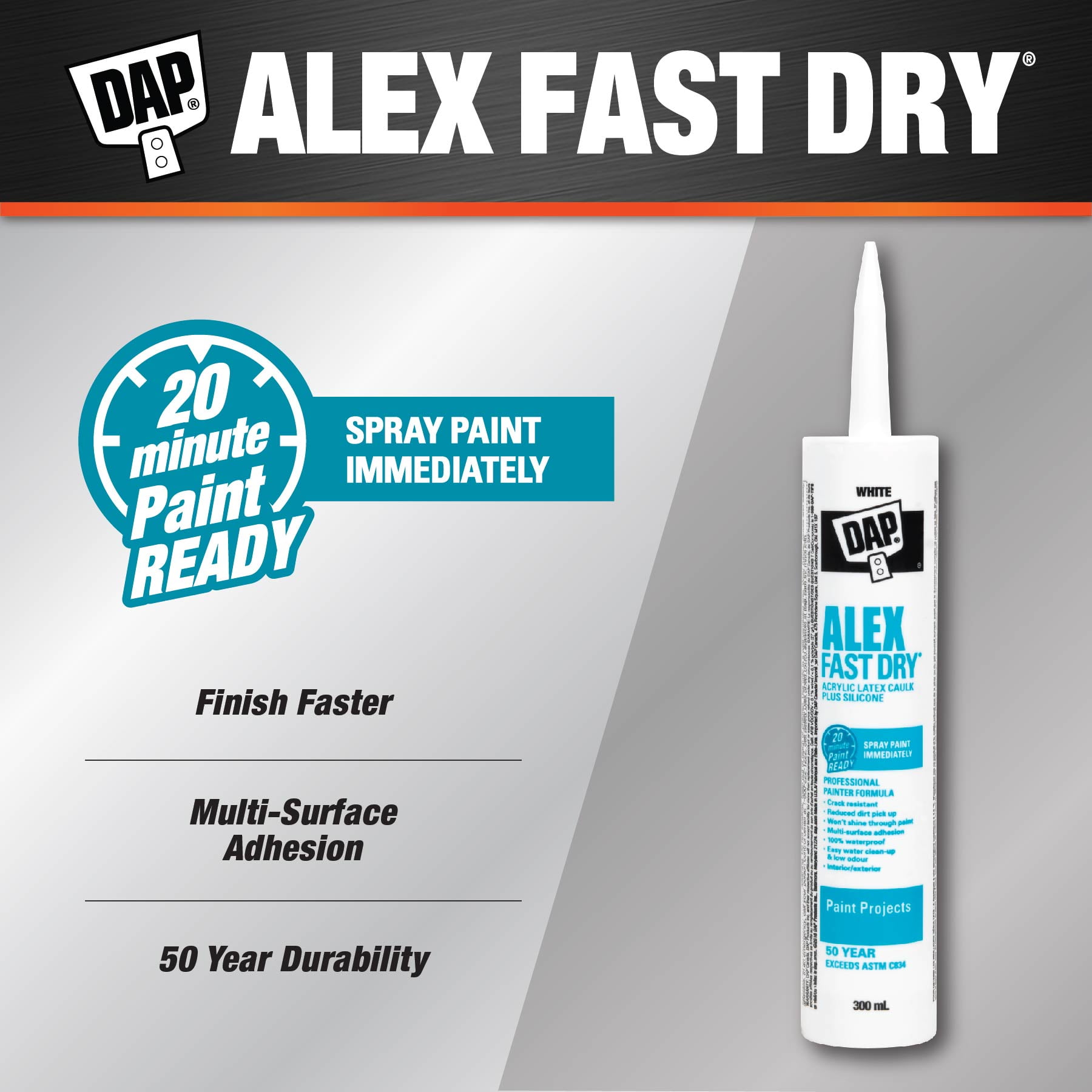 Calfeutrant à base de latex acrylique avec silicone DAP Alex Fast Dry, 300mlm Blanc Silicone Acrylique Latex