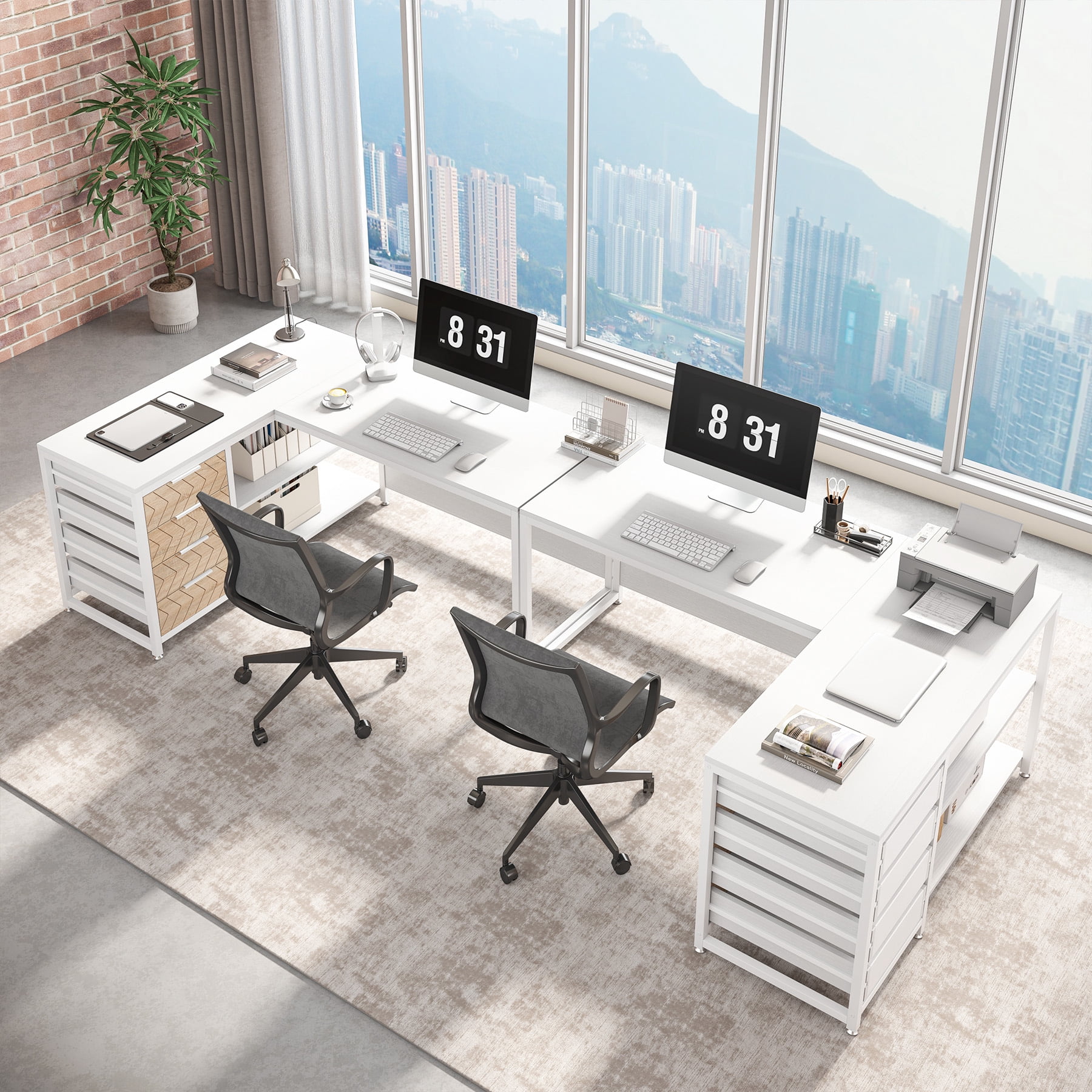 Tribesigns L-shaped Computer Desk, 59 inch Corner Desk with Drawers and Storage Shelves, Reversible Writing Study Table for Home Office, White