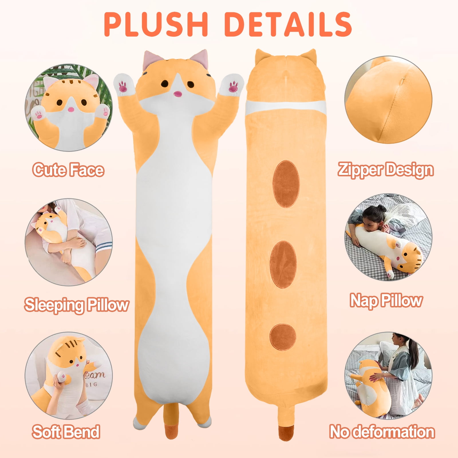 SANMADROLA Giant Long Cat Plush Body Pillow 44” Cute Cat Large Stuffed Animals Soft Plushies Kitten Plush Throw Pillow Doll Toy Gift for Girlfriend