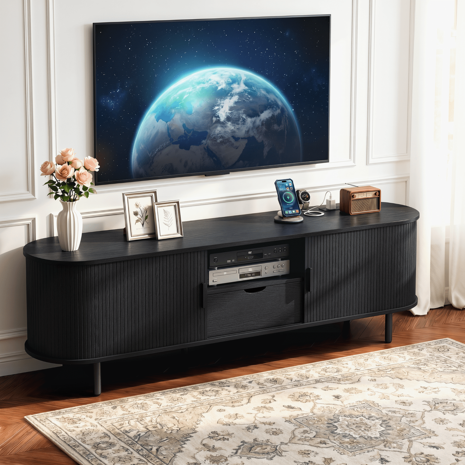 ROGALIS 69 Inch TV Stand features a built-in power outlet is Compatible with up to 80 inches TVs, Includes ample storage, drawers, adjustable shelves, and a sliding door design, black