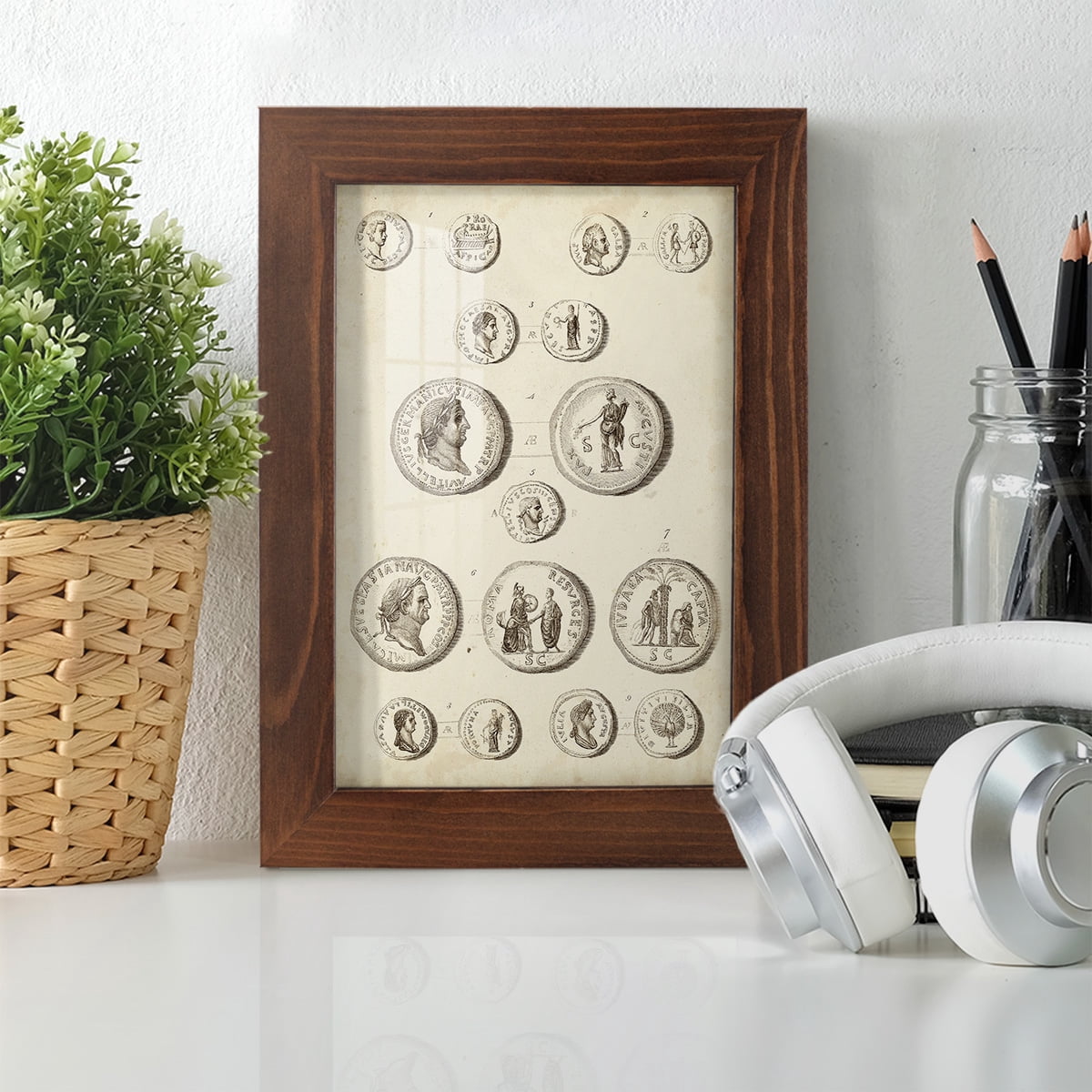 Antique Roman Coins III -Framed Print w/glass-Chestnut