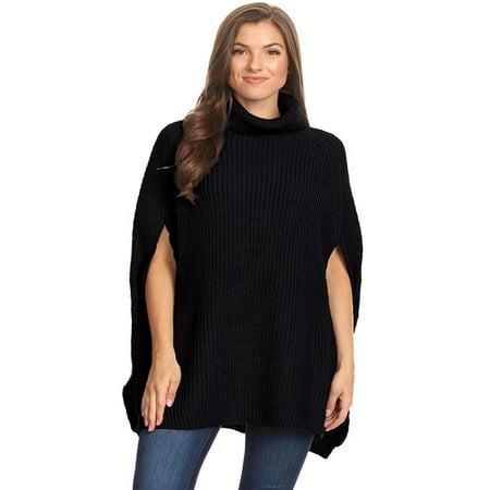 NEW MOA Women's Solid Knit Casual Cape Fit Poncho Turtleneck Sweater/Made in USA