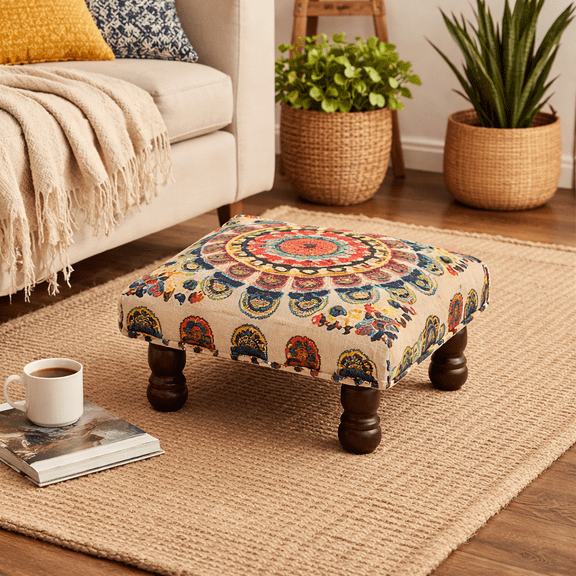 Decorative Upholstered Foot Stool & Foot Rest | Handcrafted Mystic Mandala Ottoman with Wood Legs for Living Room | 16x16x9" | Multicolor Embriodery