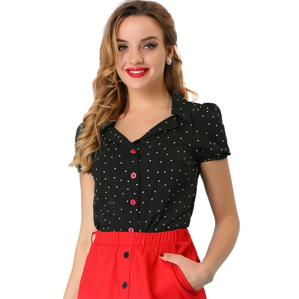 INSPIRE CHIC Blusa De Lunares Para Mujer, Cuello De Campamento, Manga De Burbujas, Camisa Abotonada Negro XS