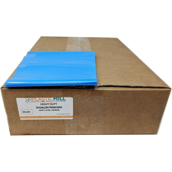 PlasticMill 33 Gallon, Blue, 1.5 MIL, 33x39, 100 Bags/Case, Garbage Bags / Trash Can Liners.