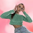 thumbnail image 2 of Sequin Crop Tops for Women Long Sleeve Crewneck Glitter Tshirt Y2K Teen Girls Cute Sparkle Blouse Tees for Party Club, 2 of 6