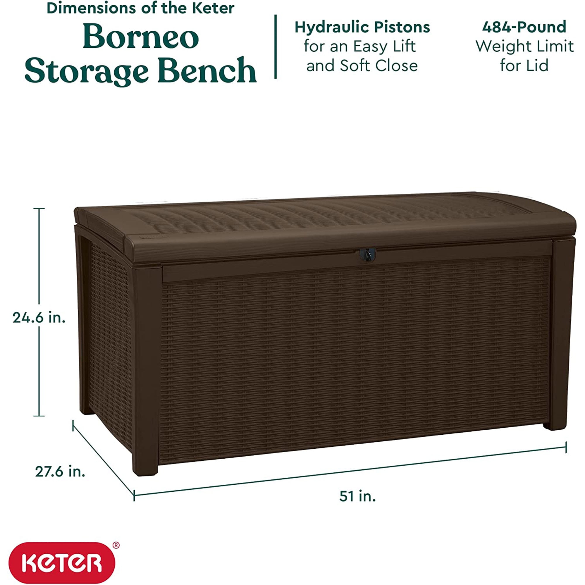 Keter Borneo 110 Gallon Rattan Wicker Resin Deck Storage Box Bench, Brown