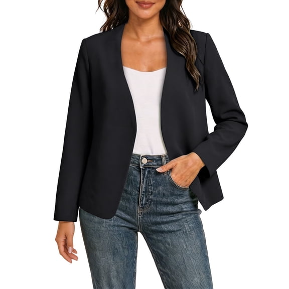 Crgrtght Women Collarless Blazer Casual Business Work Slim Jacket V Neck Open Front Long Sleeve Solid Fashion Office Blazer Top, Black XXL