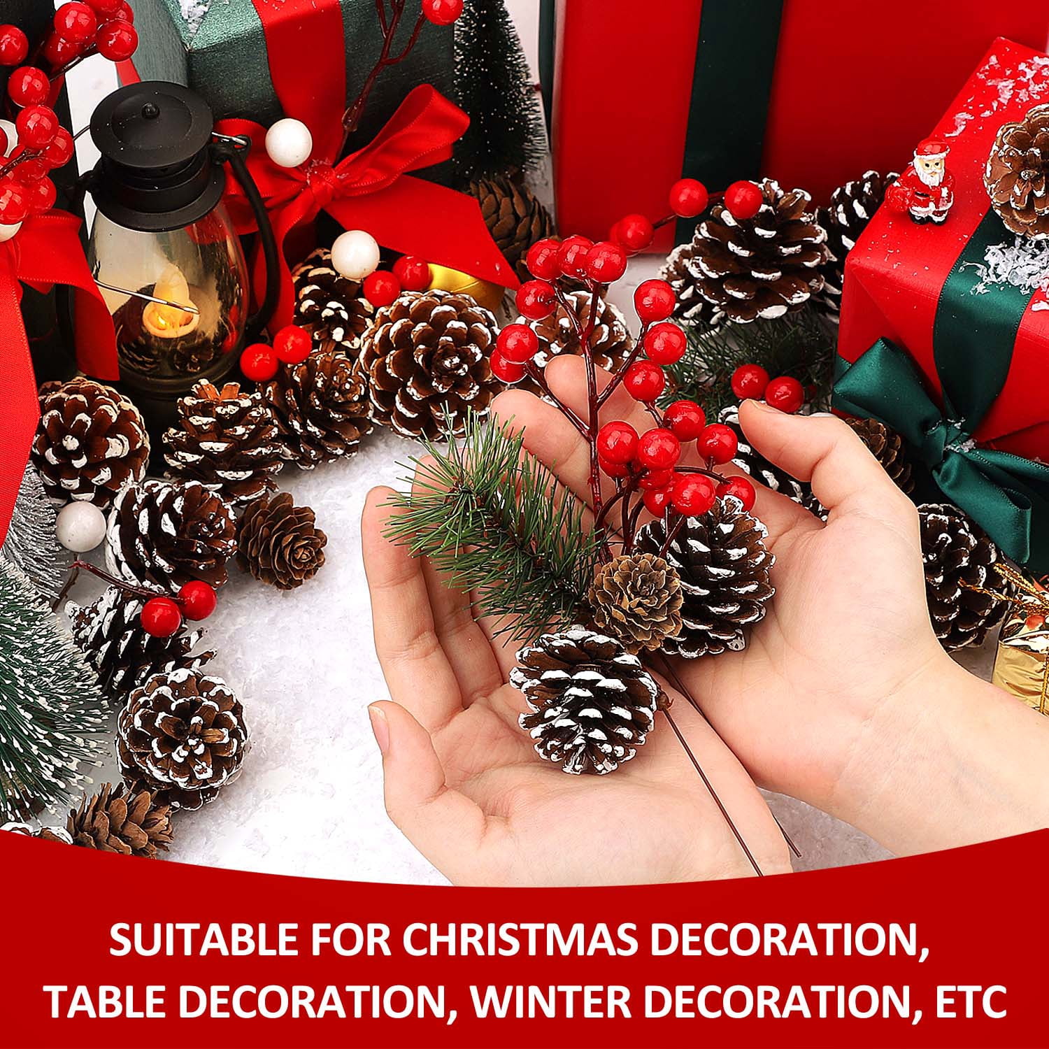Ayieyill 115Pcs Christmas Pine Cones, Mixced Snowflake Ornaments and Berry Pine Branch Set