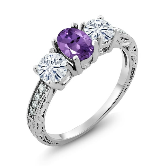 Gem Stone King 925 Sterling Silver 3-Stone Ring Oval Amethyst Moissanite(1.87 Cttw) (Size 8)