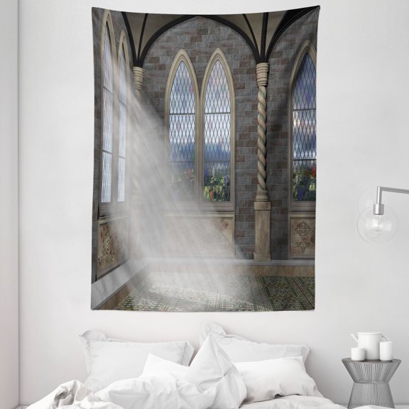 Fantasy Tapestry, Crepuscular Rays Streaming Through Stained Glass Window Ancient Palace Castle, Wall Hanging for Bedroom Living Room Dorm Decor, 60W X 80L Inches, Grey Cream White, by Ambesonne