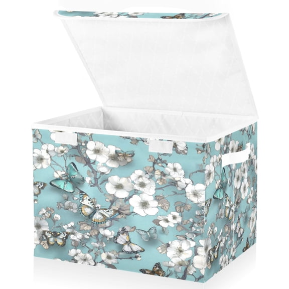 BZSMCE Storage Bin Cube Organizer Basket with Flip-Top Lid Aqua Blossoms & Butterflies Printed