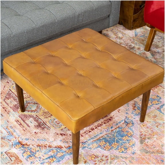 Mid-Century Modern Tufted Square Leather Ottoman with Solid Wood Legs, Light Tan Footrest and Coffee Table