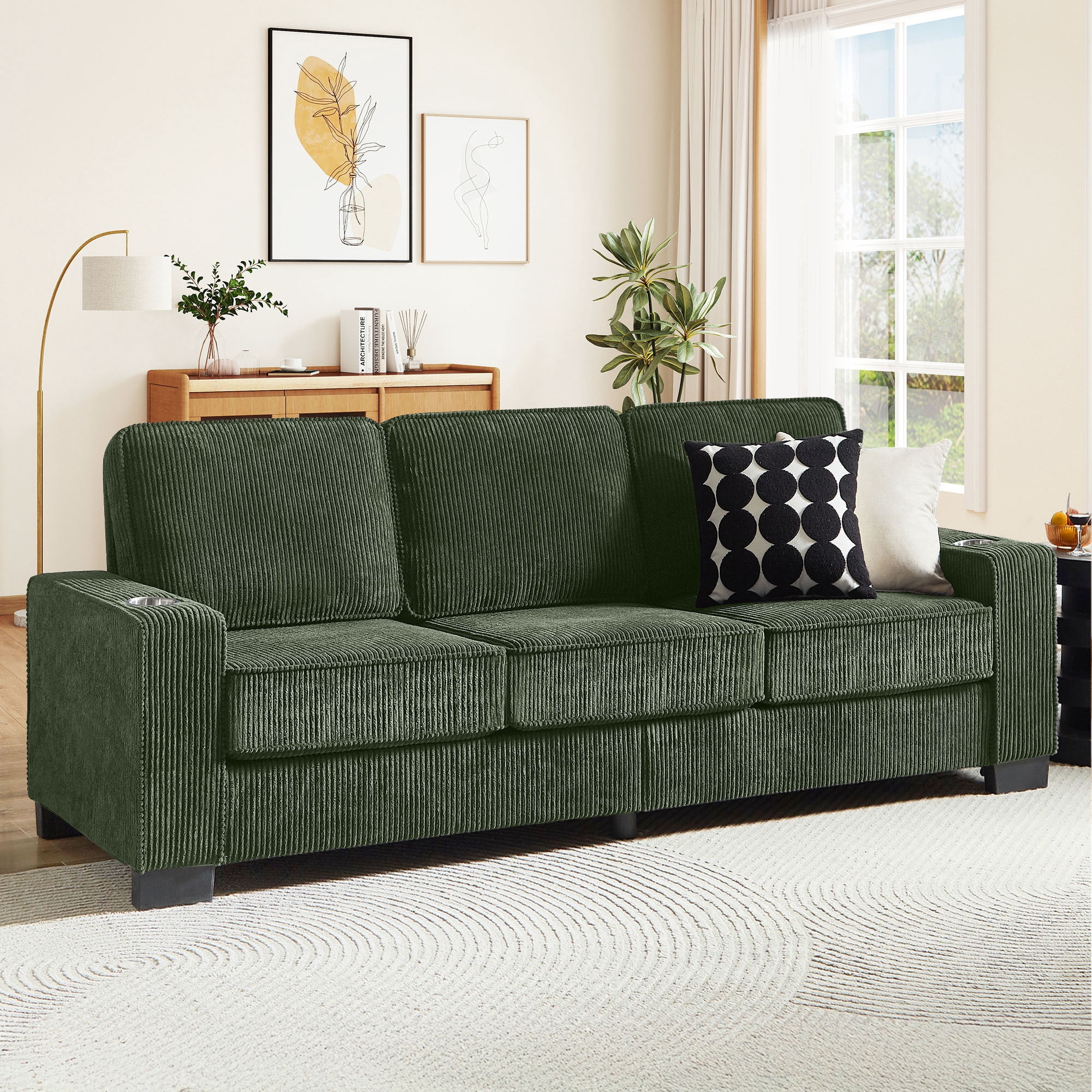 Lunale 83" Corduroy Sofa with Cup Holders, Modern 3-Seater Couch for Living Room, Apt., Green