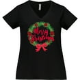 thumbnail image 3 of Inktastic Merry Christmas Wreath with Red Bow and Ornaments Women's Plus Size V-Neck T-Shirt, 3 of 5