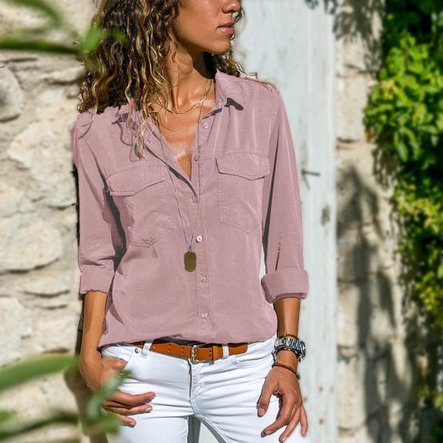 PENGXIANG Women Button Blouse Long Sleeve Pure Color Loose Shirt with Collar All-match Tops
