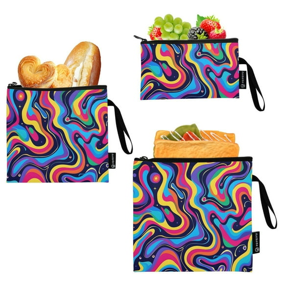 Dailycode Reusable Ziploc Bags Leakproof Sandwich Snack Freezer Bags Vibrant Wavy Lines 3 pack