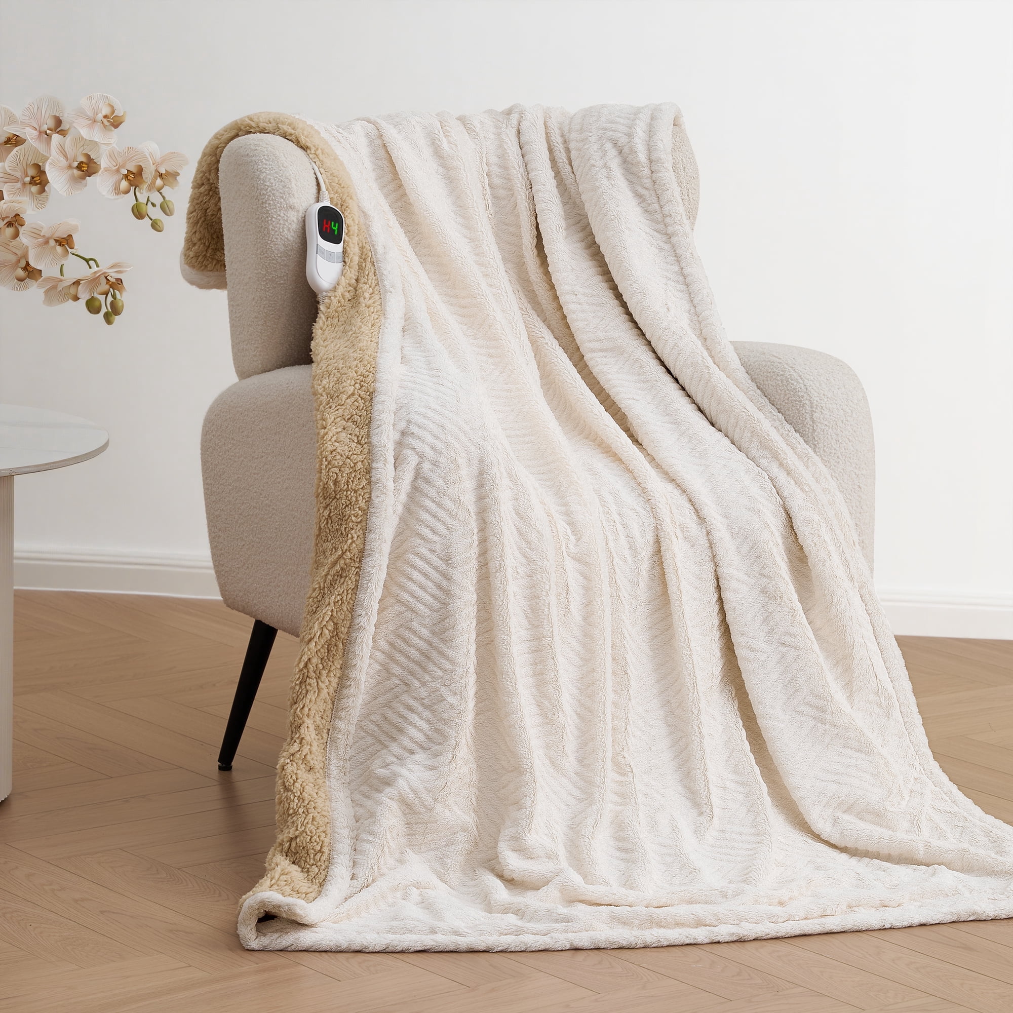 MARNUR Heated Blanket Extra Large Electric Throw 50"×72", Jacquard Faux Fur & Sherpa Heated Throw Blanket with 10 Heat Levels, 4H Timer, Machine Washable, White