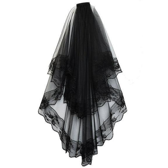CRILSTYLEO Soft Fabric Black Wedding Veil with Lace for Photography Parties and Cosplay Events