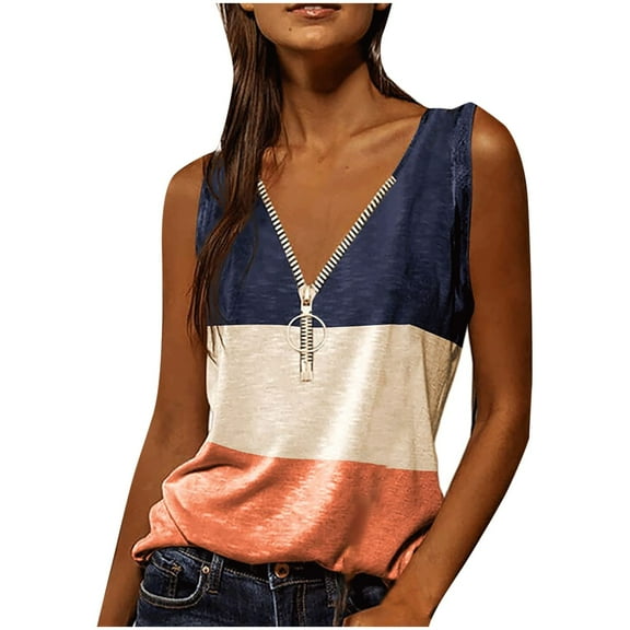 USSUMA Zipper Up Workout Tank Tops Summer Tops for Women 2022 Trendy Striped Color Block Womens Tunic Tops V Neck Basic Shirts Tees Sleeveless Dressy Blouses for Women