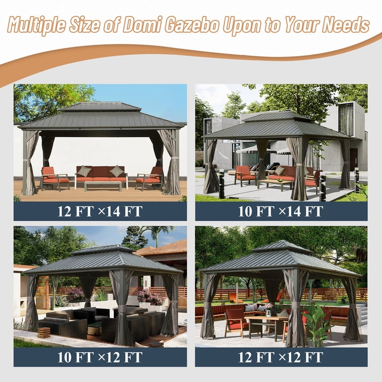 Domi 12'x16' Hardtop Gazebo - Aluminum Frame With Netting & Curtains, Gray (1-Year Warranty)