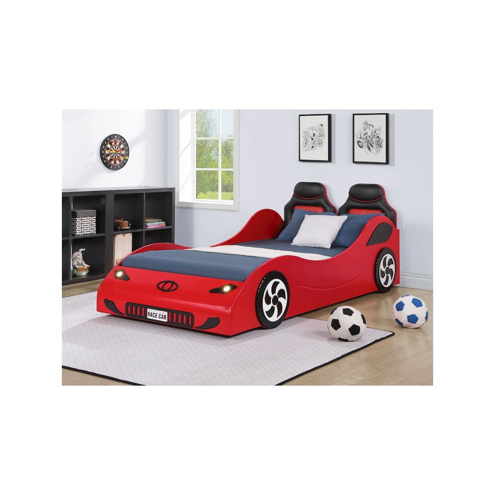 ACME Colen Transitional Pine Wood & Leather Upholstered Twin Car Bed in Red