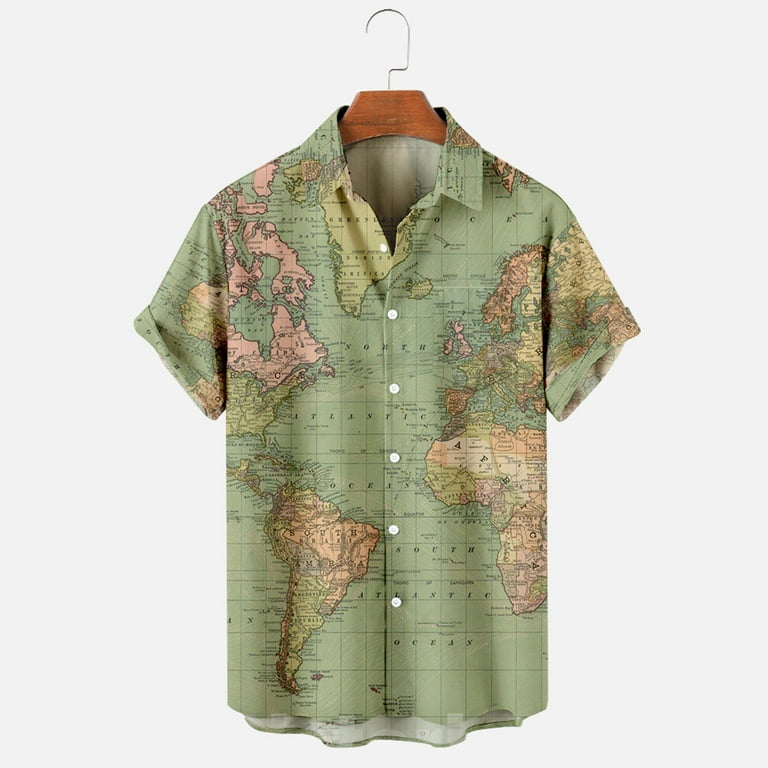 JUUYY World Map Print Beach Hawaiian Bowling Shirts for Men Big and Tall  Regular Fit Vintage Printed Short Sleeve Button Down Graphic T-Shirts Tops